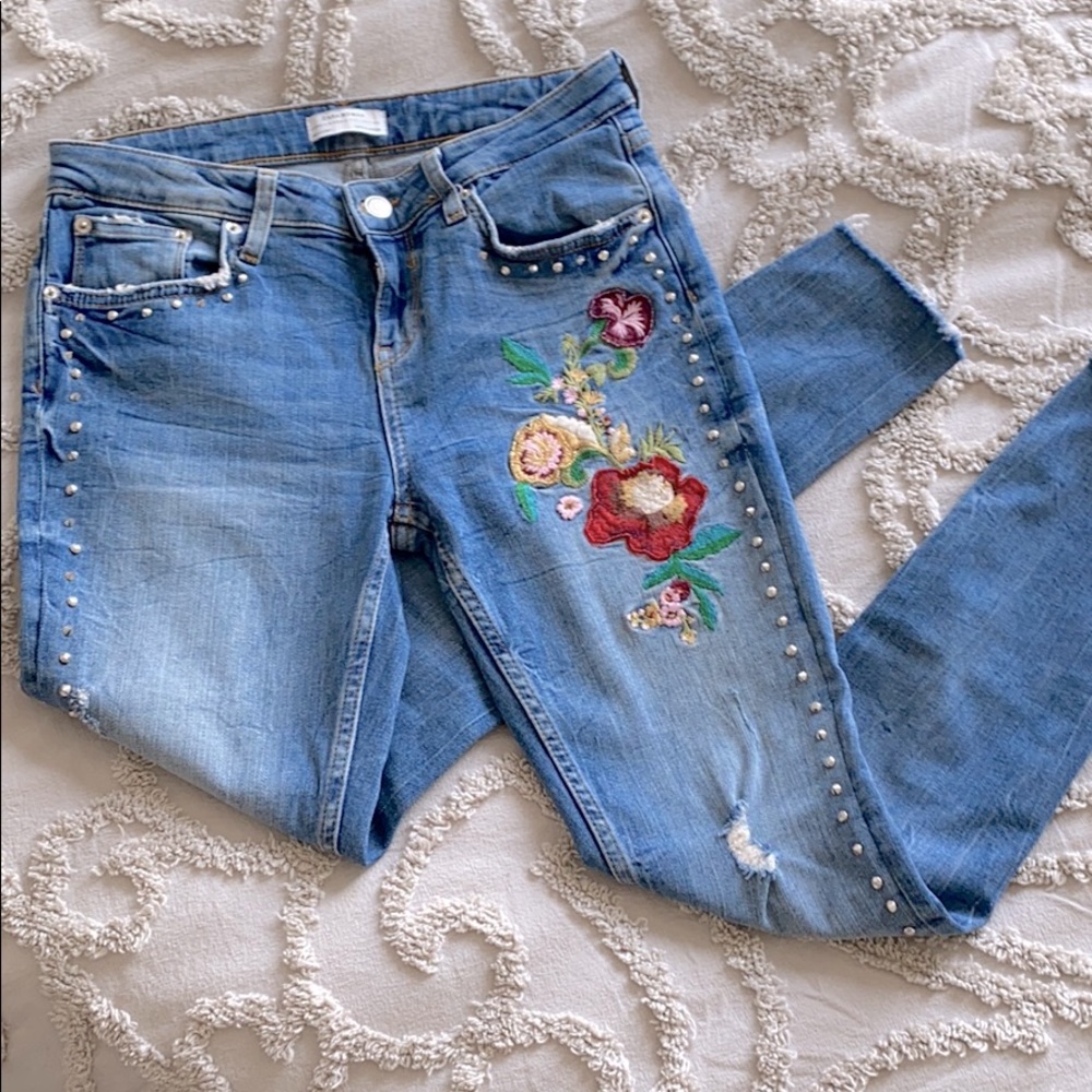 Studded, embellished floral/beaded, jeans